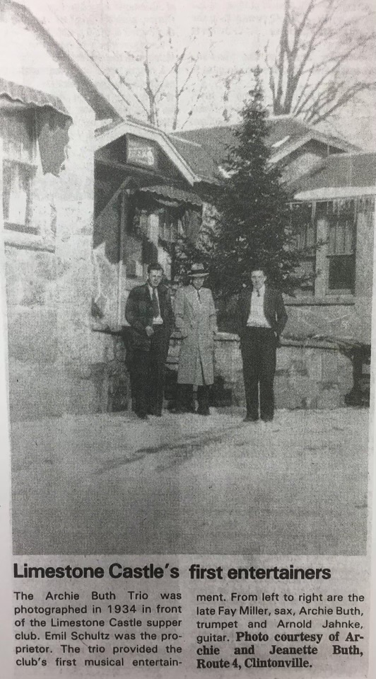 A 1934 newspaper clipping headlined Limestone Castle's first entertainers, showing the Archie Buth Trio in front of the Castle